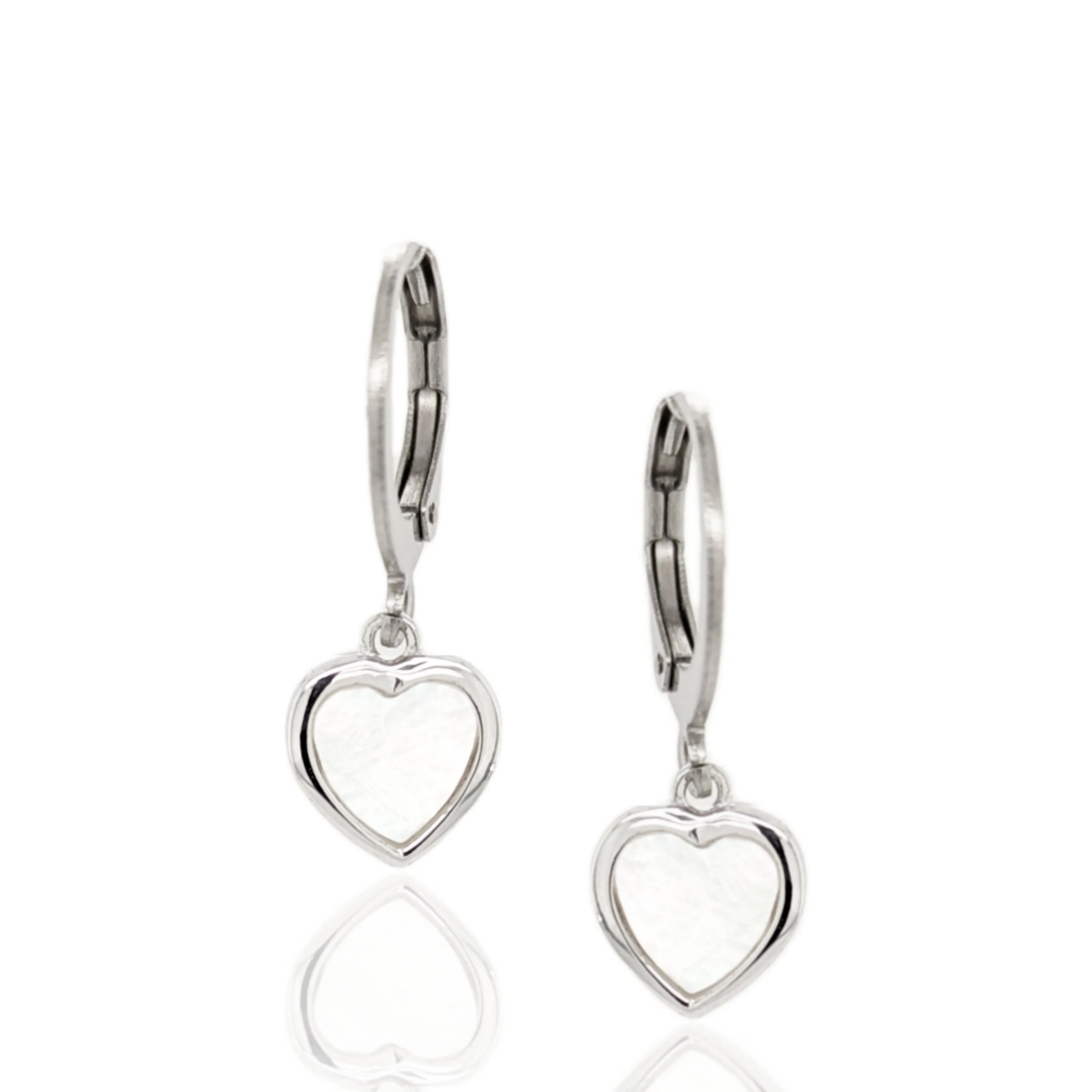 Surgical Steel with Sterling Silver Mother of Pearl Hearts Leverback Earrings