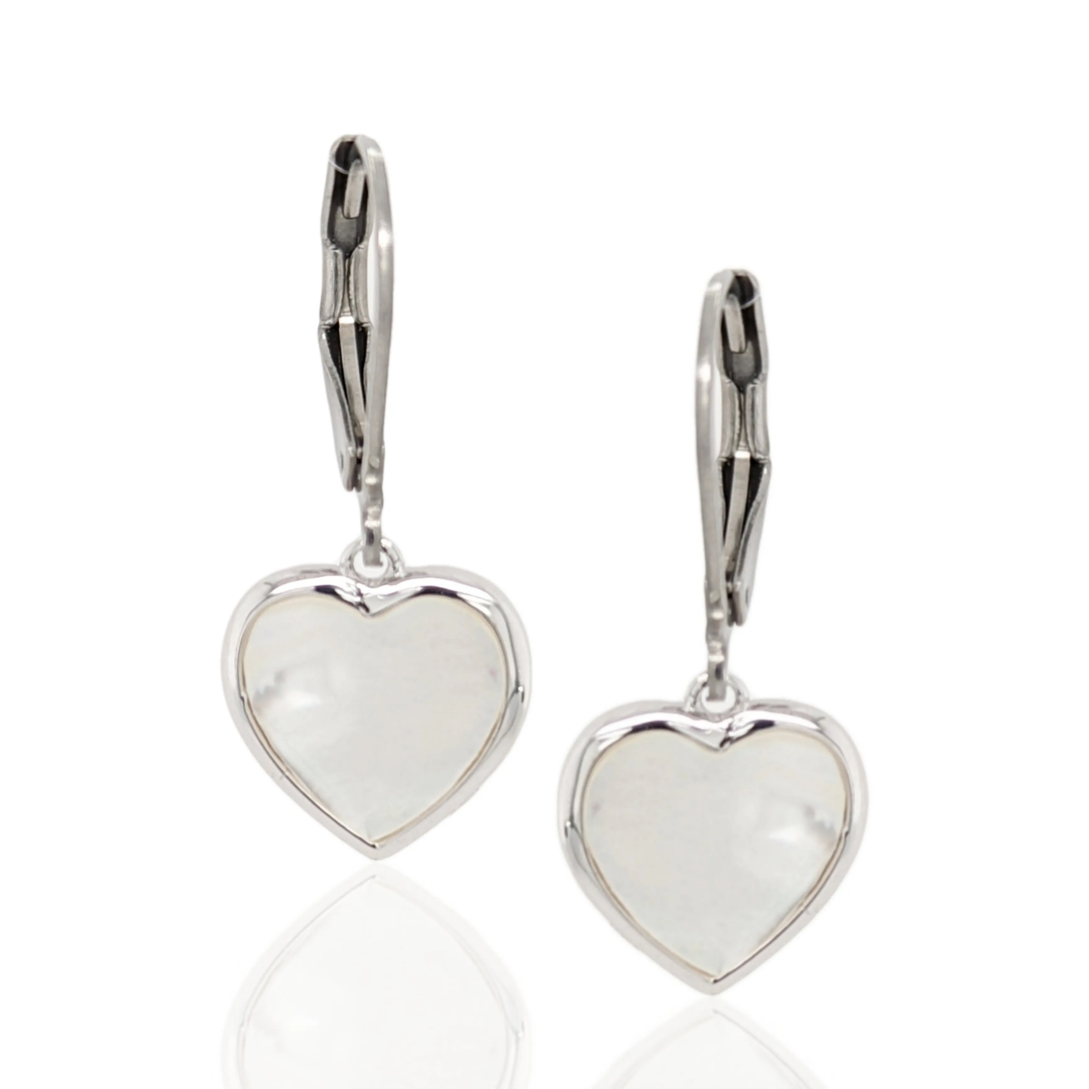 Surgical Steel with Sterling Silver Mother of Pearl Hearts Leverback Earrings