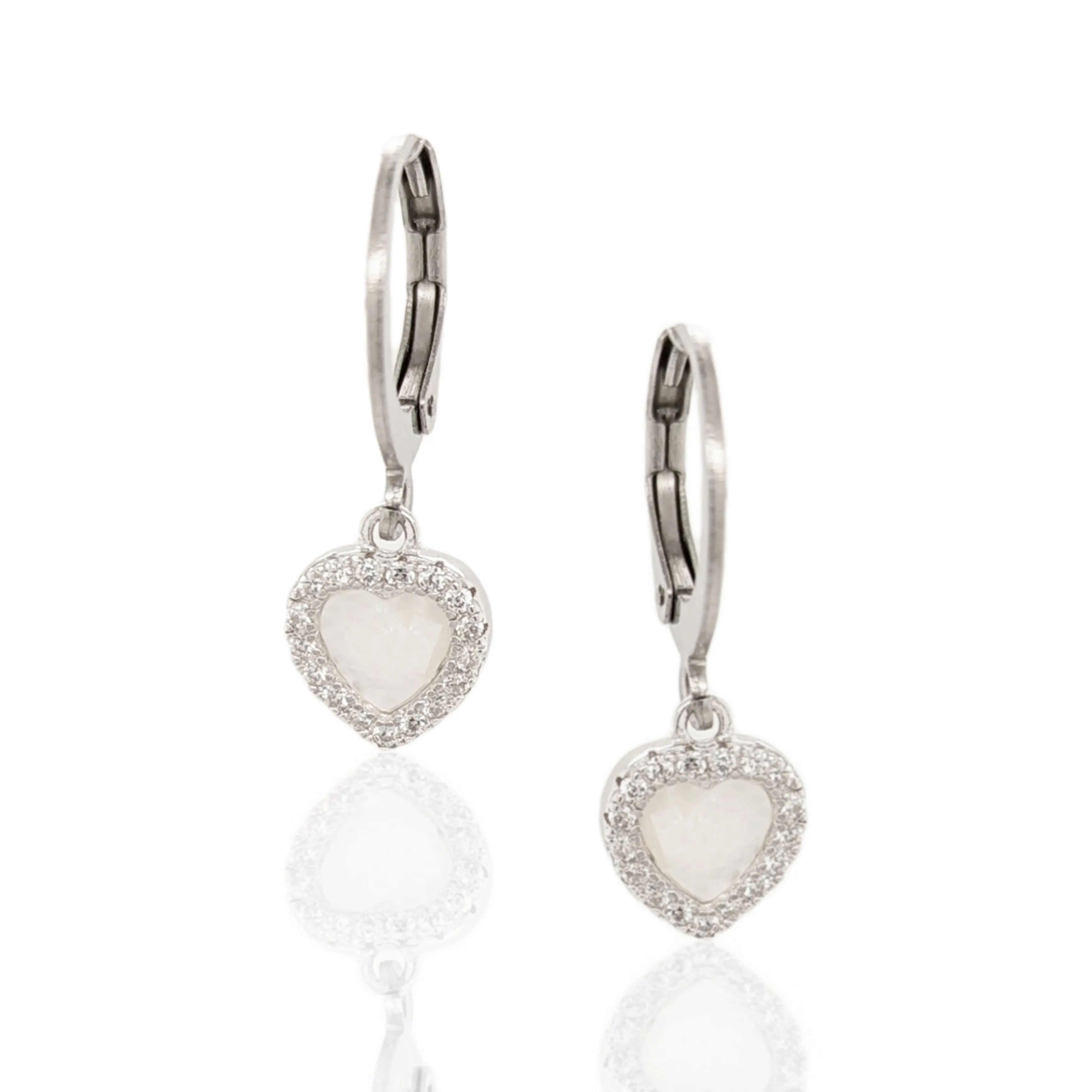 Surgical Steel with Sterling Silver Mother of Pearl Hearts Leverback Earrings