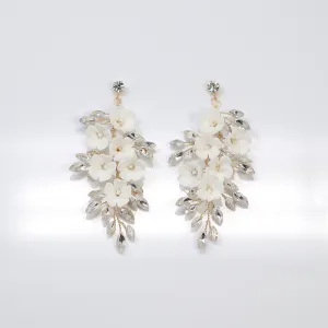 Swarovski Crystal Porcelain White Floral Dreams Vine Leaves Earring Long Bridal Jewelry Opal Bridal Earrings Opal Statement Earrings