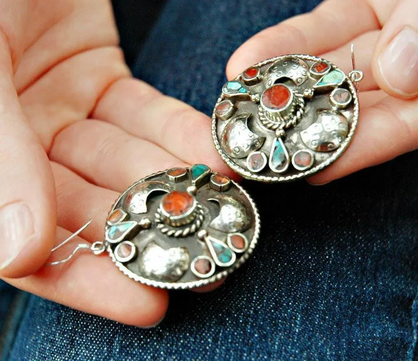 Tibetan Coral Center Round Earrings