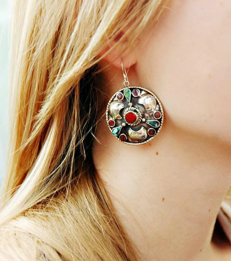 Tibetan Coral Center Round Earrings