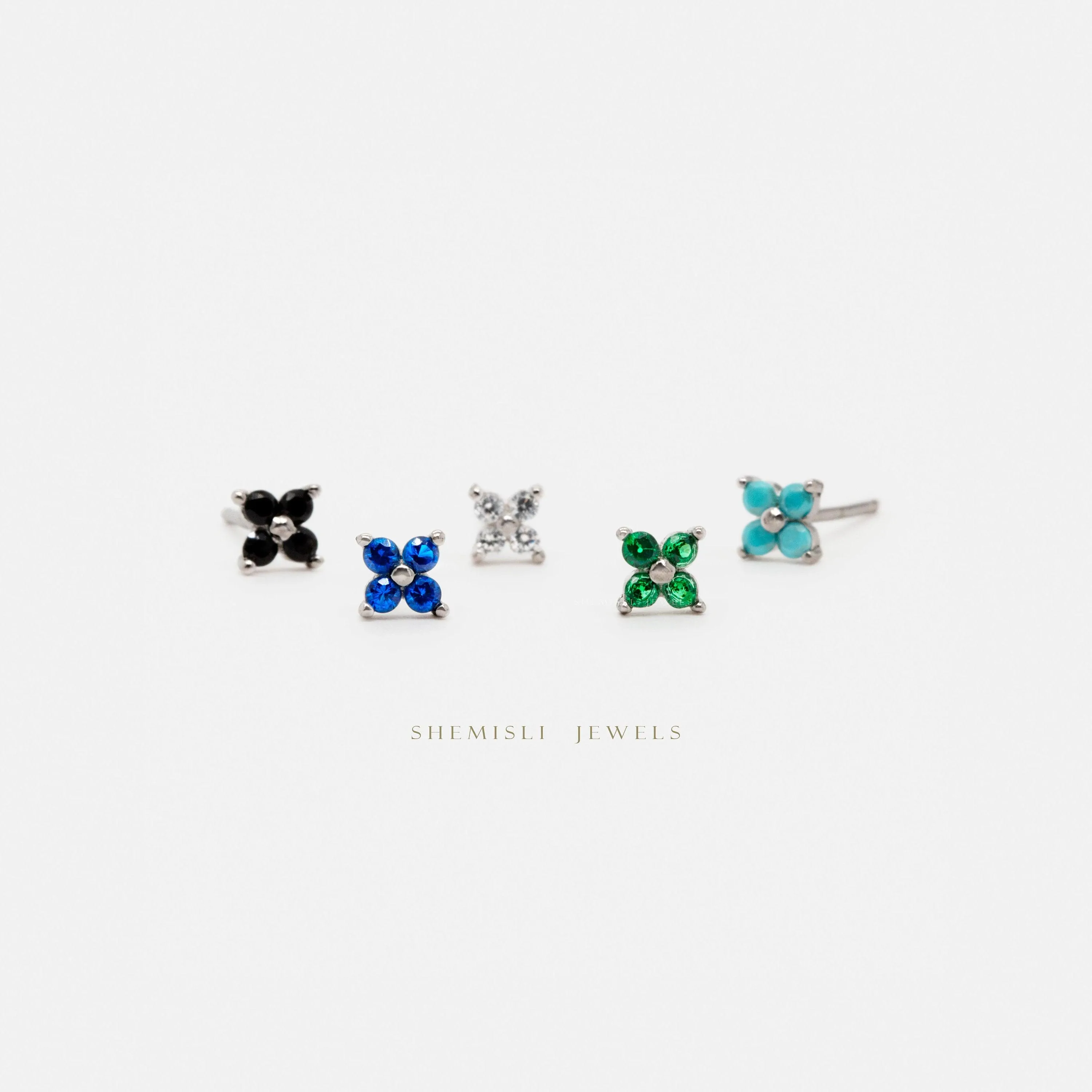 Tiny Clover Flower Stud, White, Emerald, Turquoise, Sapphire, Black, Unisex, Gold, Silver SHEMISLI SS040, SS079, SS080, SS246, SS247