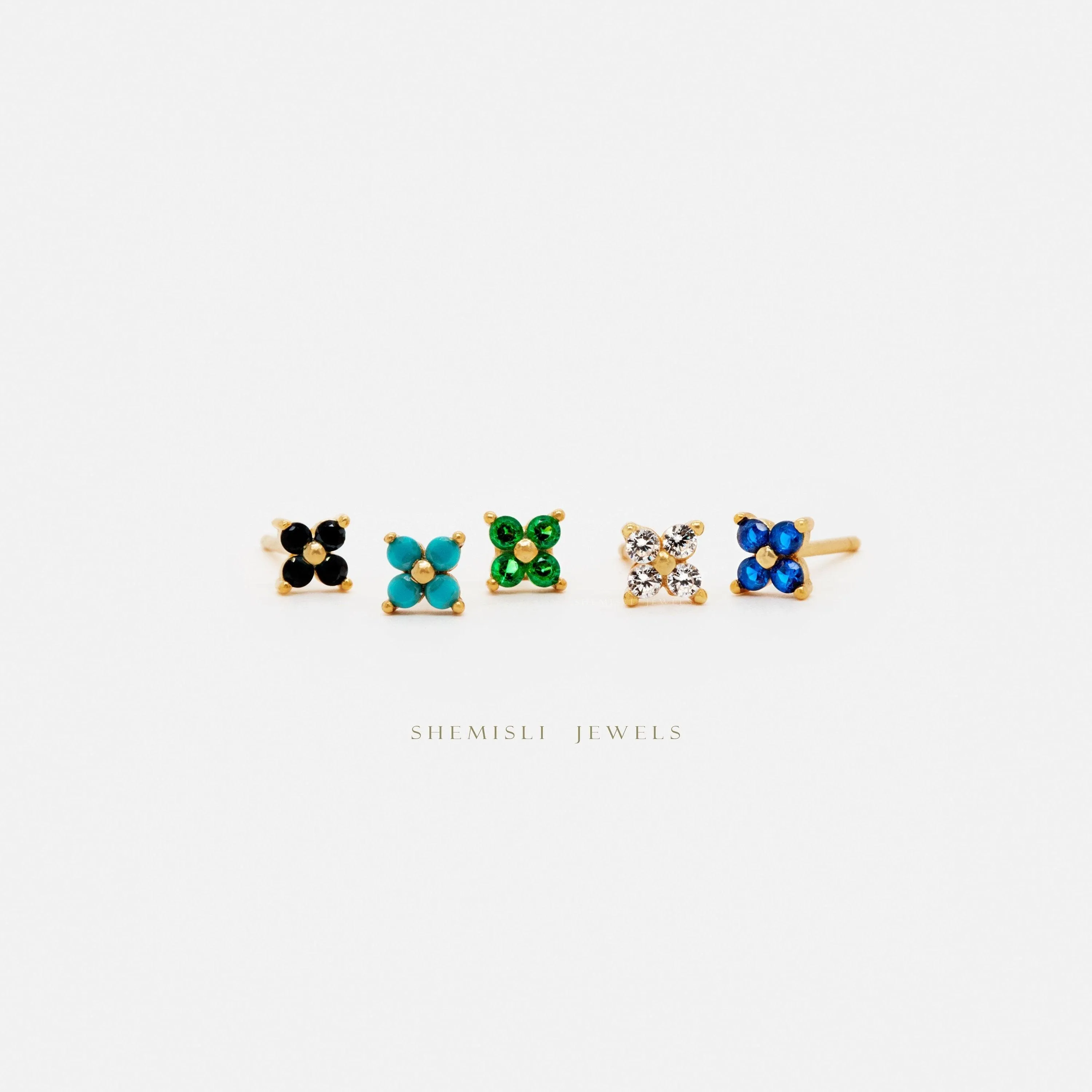 Tiny Clover Flower Stud, White, Emerald, Turquoise, Sapphire, Black, Unisex, Gold, Silver SHEMISLI SS040, SS079, SS080, SS246, SS247