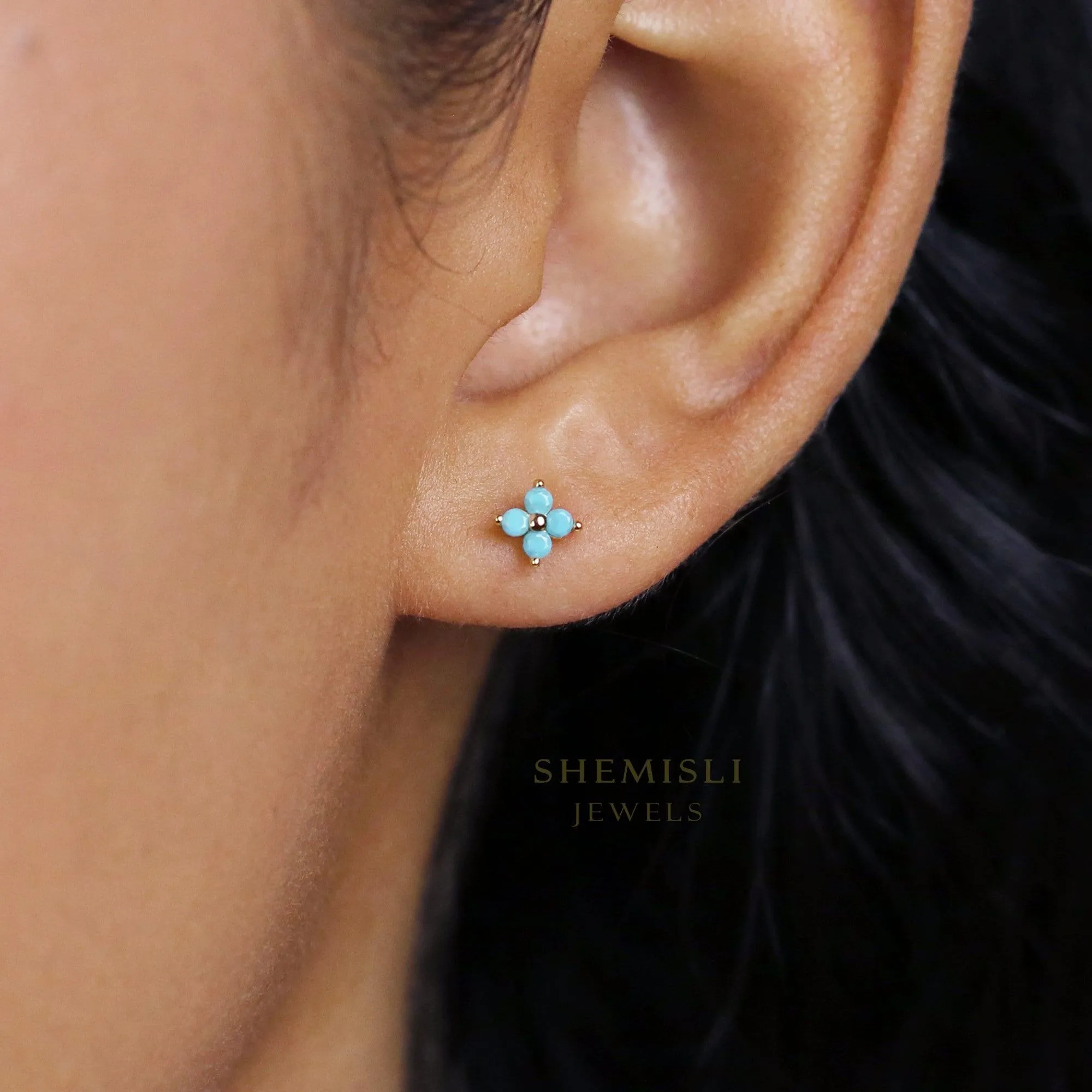Tiny Clover Flower Stud, White, Emerald, Turquoise, Sapphire, Black, Unisex, Gold, Silver SHEMISLI SS040, SS079, SS080, SS246, SS247