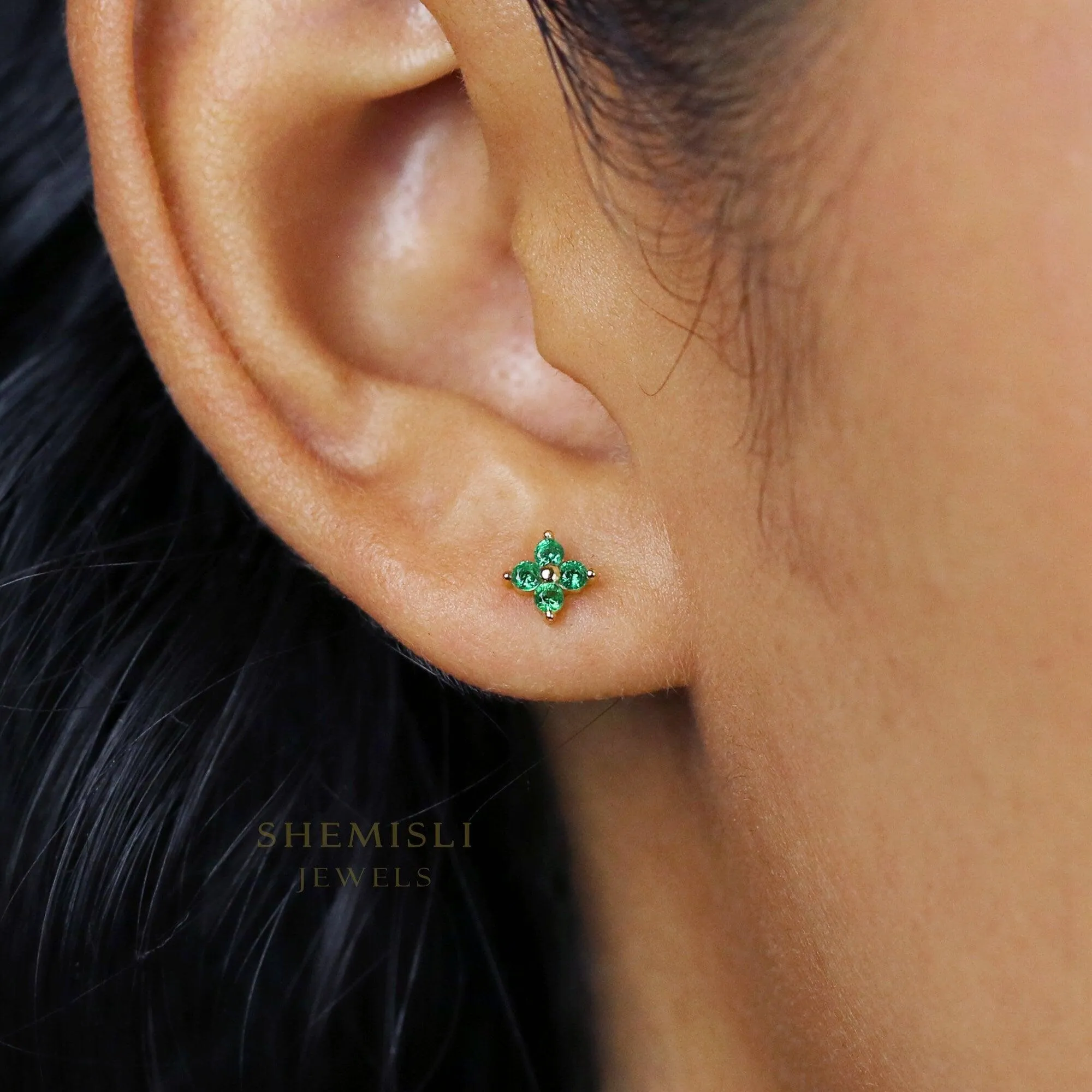 Tiny Clover Flower Stud, White, Emerald, Turquoise, Sapphire, Black, Unisex, Gold, Silver SHEMISLI SS040, SS079, SS080, SS246, SS247