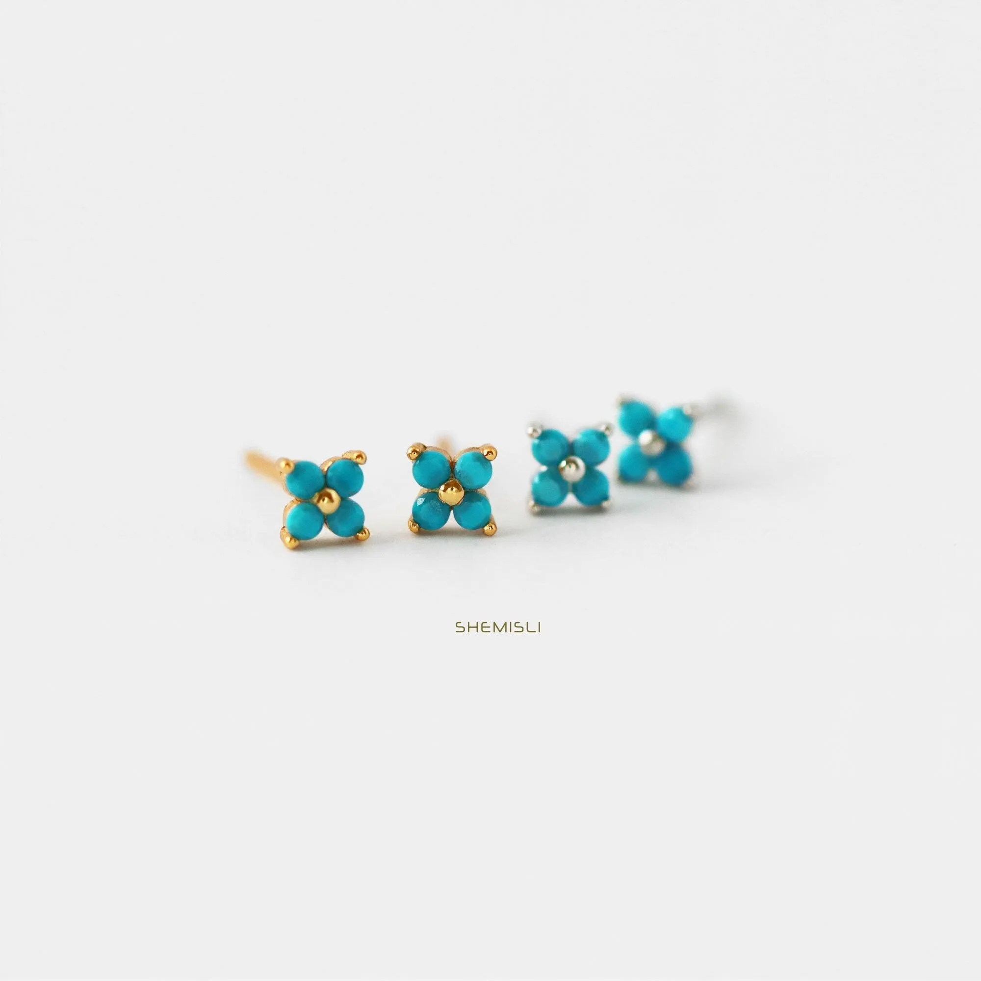 Tiny Clover Flower Stud, White, Emerald, Turquoise, Sapphire, Black, Unisex, Gold, Silver SHEMISLI SS040, SS079, SS080, SS246, SS247