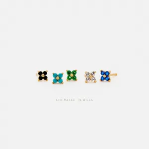 Tiny Clover Flower Stud, White, Emerald, Turquoise, Sapphire, Black, Unisex, Gold, Silver SHEMISLI SS040, SS079, SS080, SS246, SS247