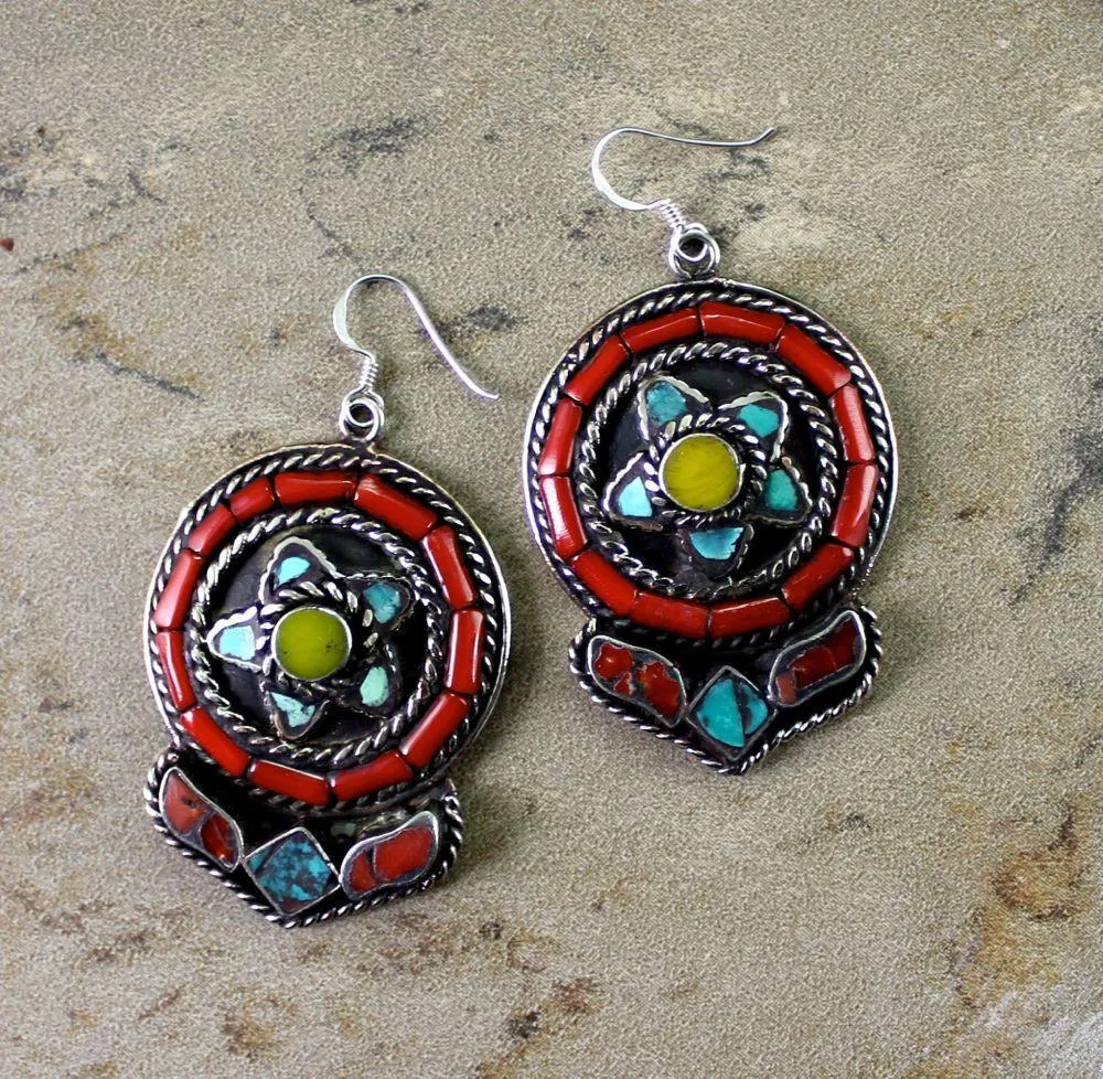 Traditional Tibetan Copal Turquoise Coral Earrings