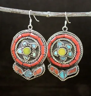 Traditional Tibetan Copal Turquoise Coral Earrings