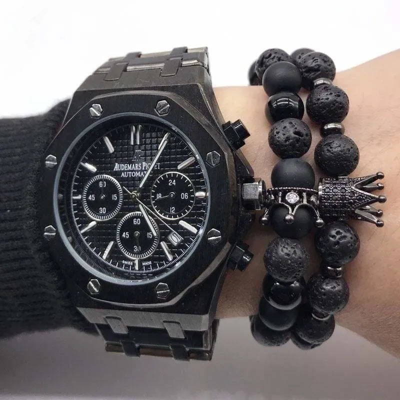 Trendy Lava Stone Imperial Crown And Helmet Charm Bracelet