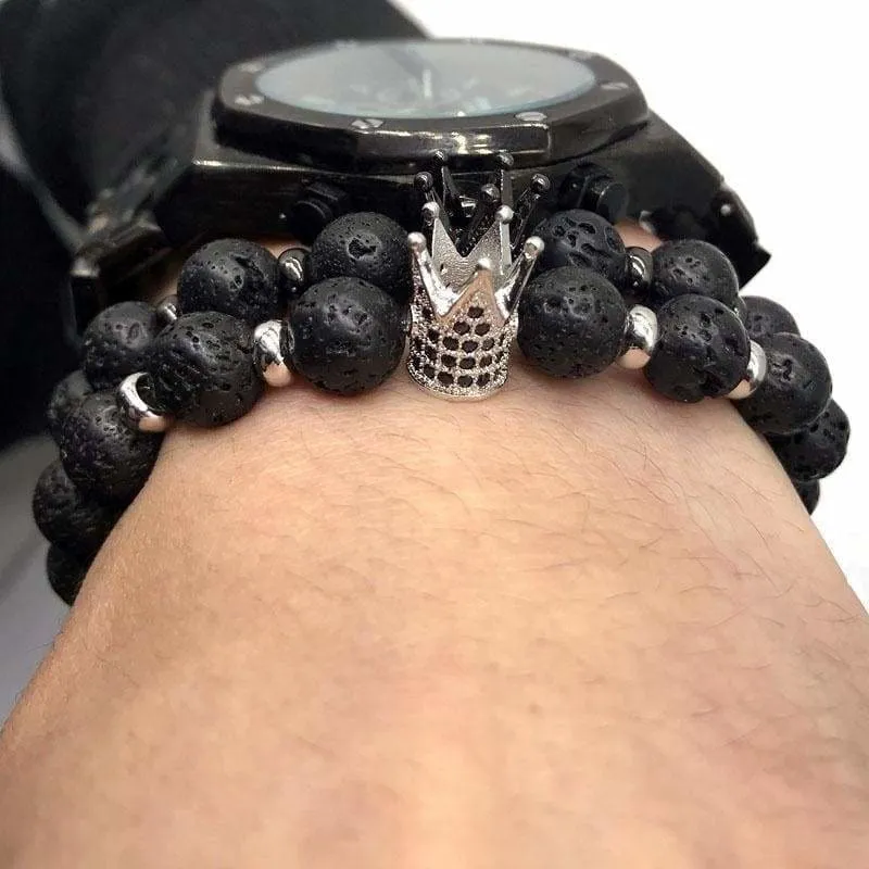Trendy Lava Stone Imperial Crown And Helmet Charm Bracelet