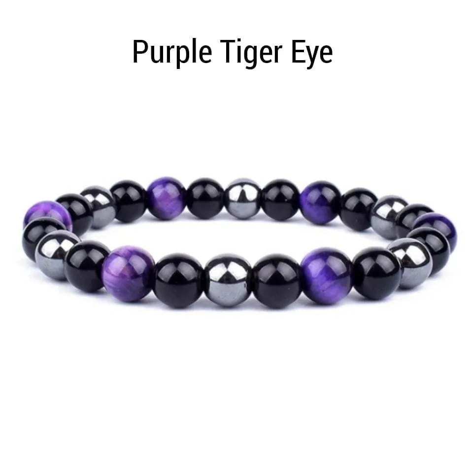 Triple Protection Bracelets 6mm Natural Crystals Tiger Eye, Obsidian, Hematite Power Balance Protect