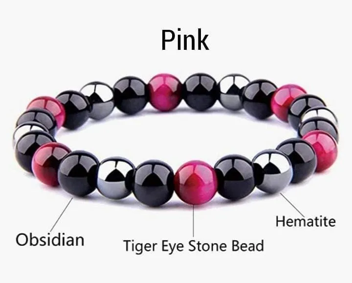 Triple Protection Bracelets 6mm Natural Crystals Tiger Eye, Obsidian, Hematite Power Balance Protect