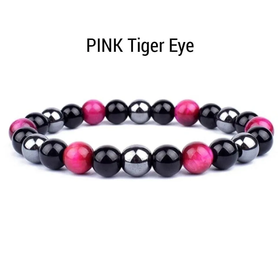 Triple Protection Bracelets 6mm Natural Crystals Tiger Eye, Obsidian, Hematite Power Balance Protect