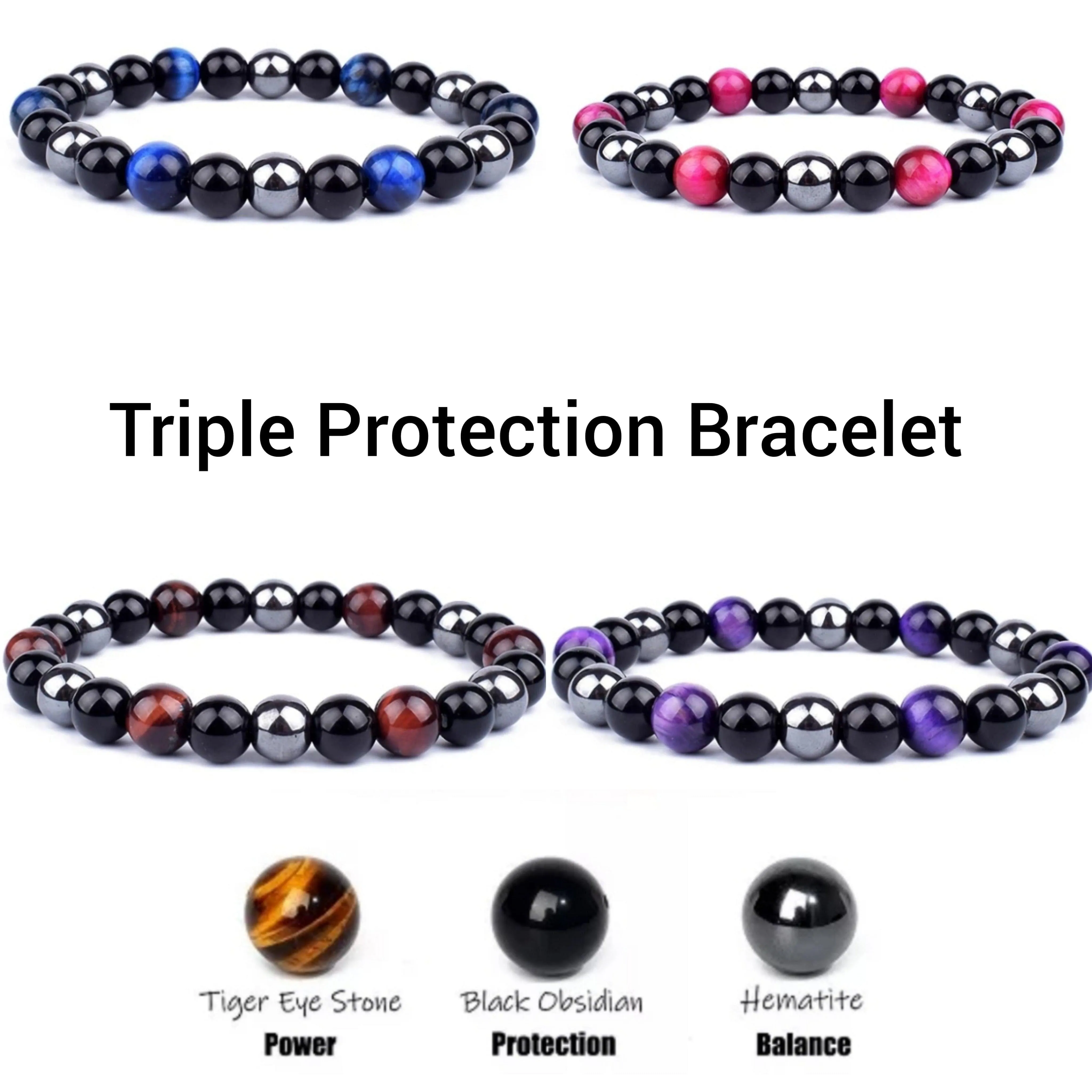 Triple Protection Bracelets 6mm Natural Crystals Tiger Eye, Obsidian, Hematite Power Balance Protect