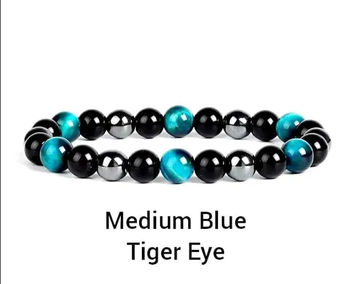 Triple Protection Bracelets 6mm Natural Crystals Tiger Eye, Obsidian, Hematite Power Balance Protect