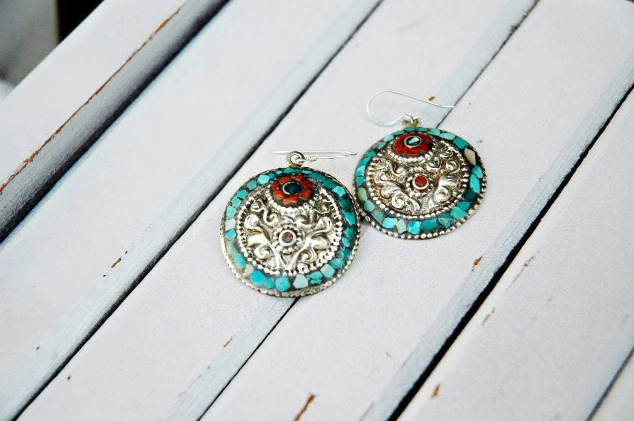 Turquoise and Coral Circle Earrings