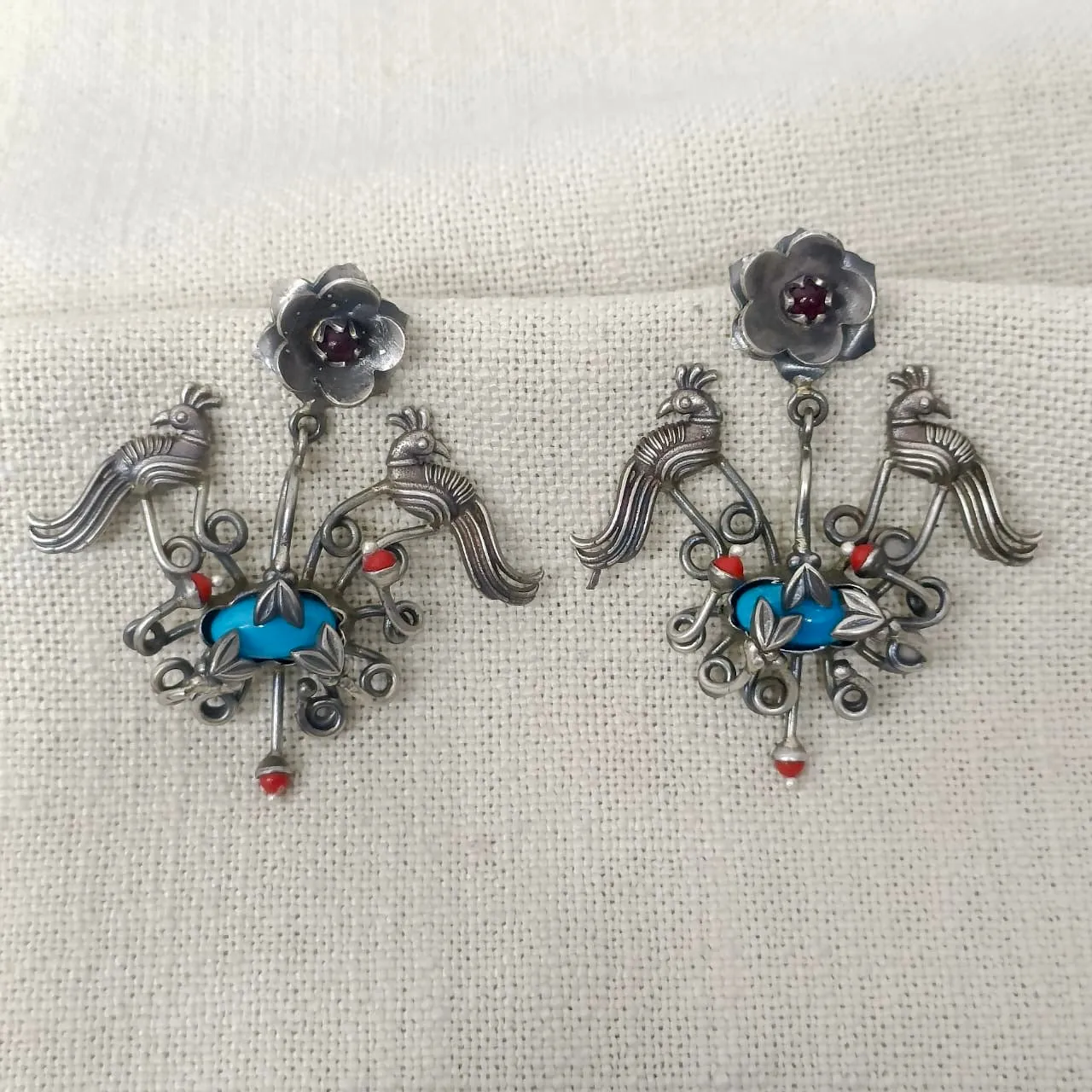 Turquoise Coral Silver Earrings