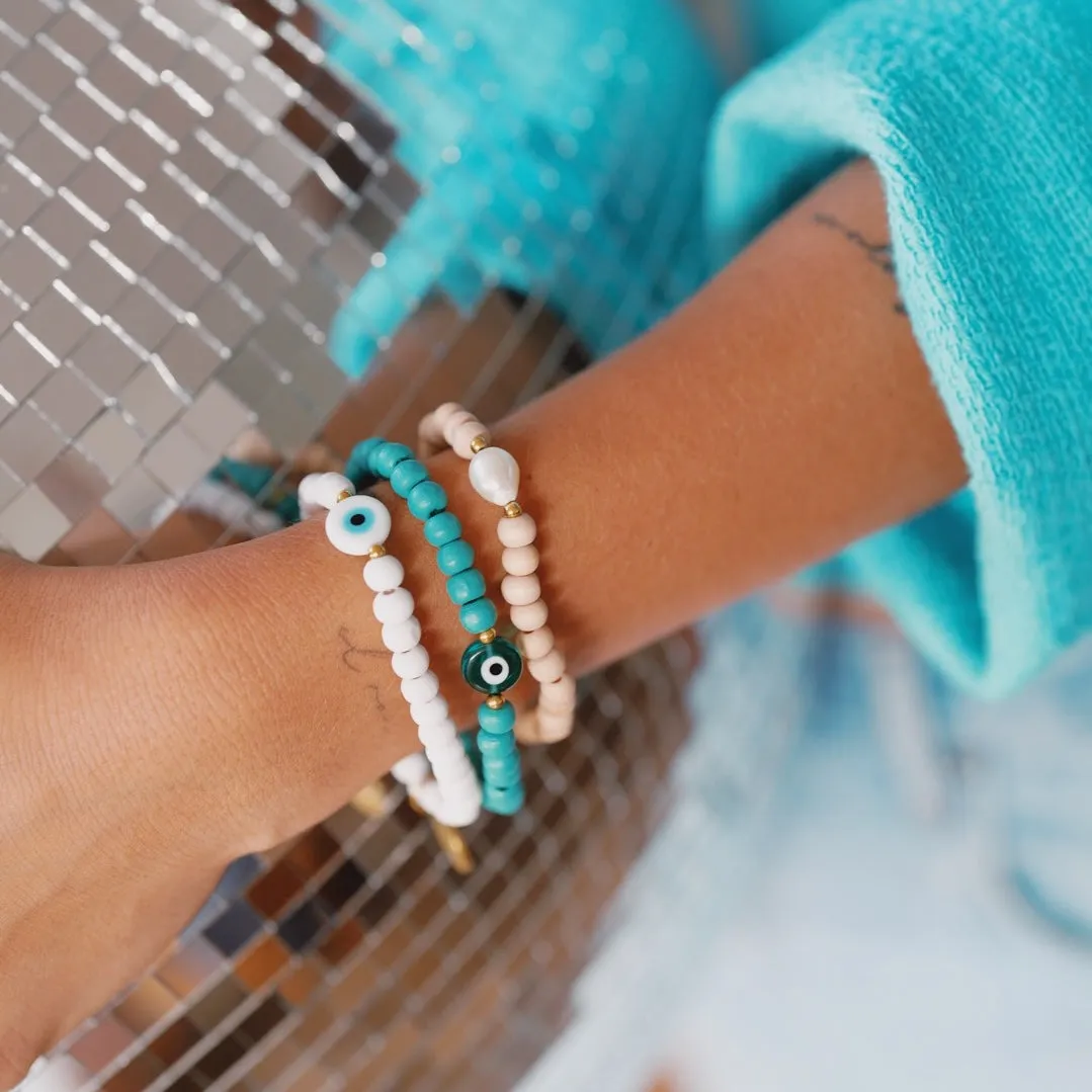 Turquoise Wooden Bead Bracelet - Evil Eye
