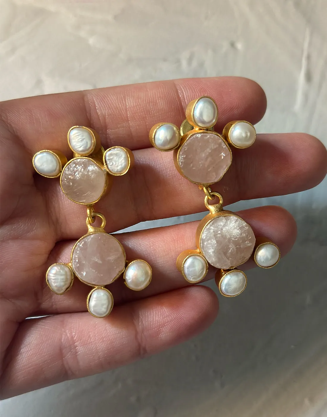 Twin Round Flower Earrings (Rose Quartz)