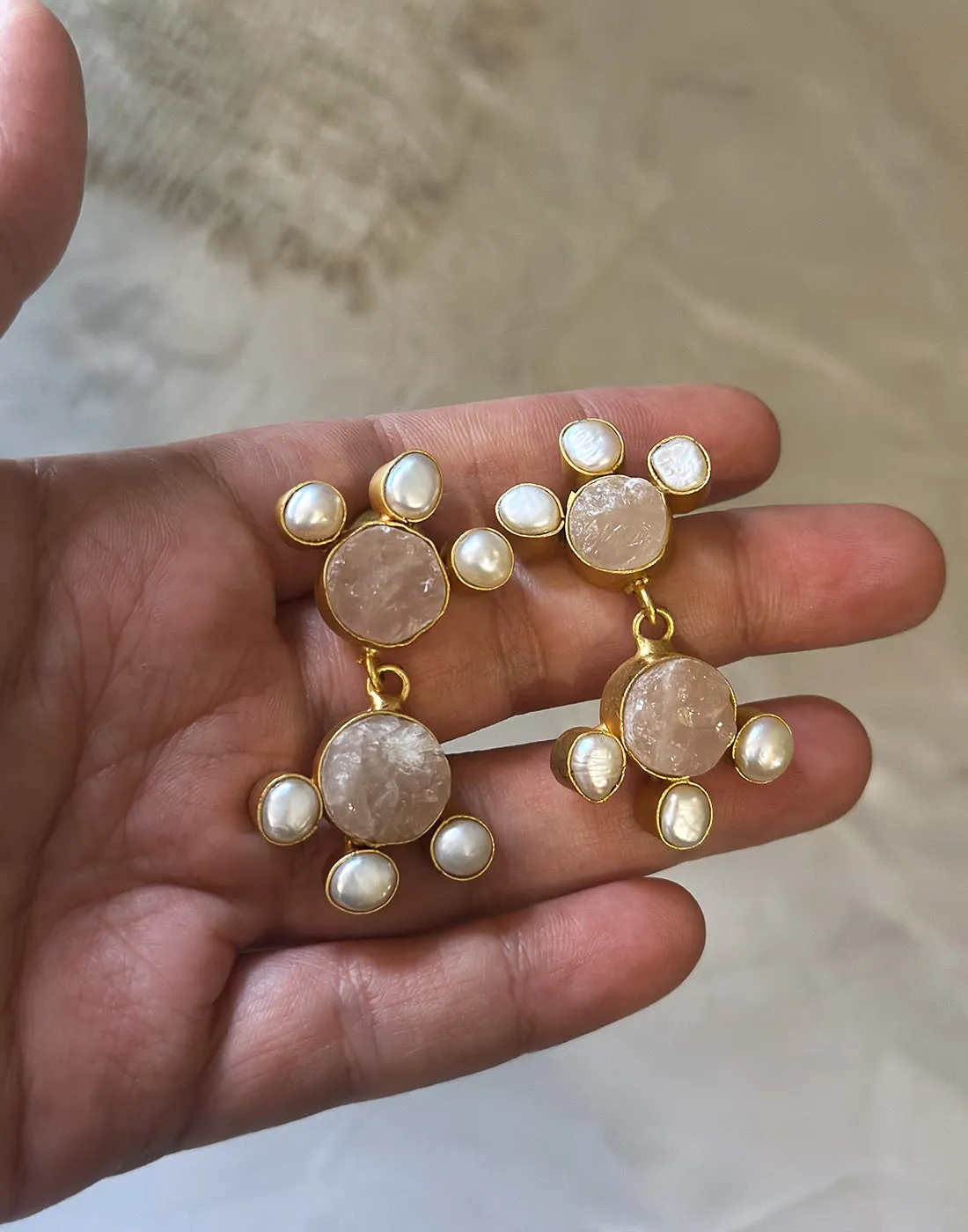 Twin Round Flower Earrings (Rose Quartz)