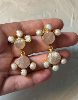 Twin Round Flower Earrings (Rose Quartz)