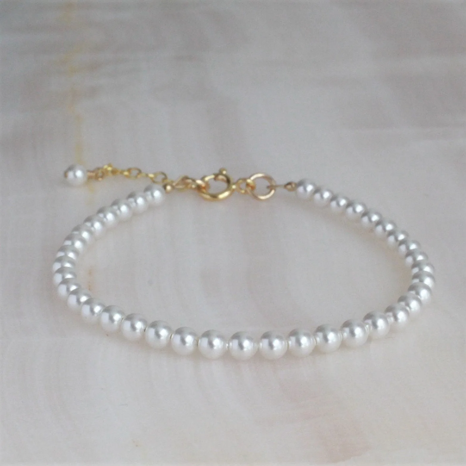 White Pearl Drop Gold Earrings & Bracelet Set