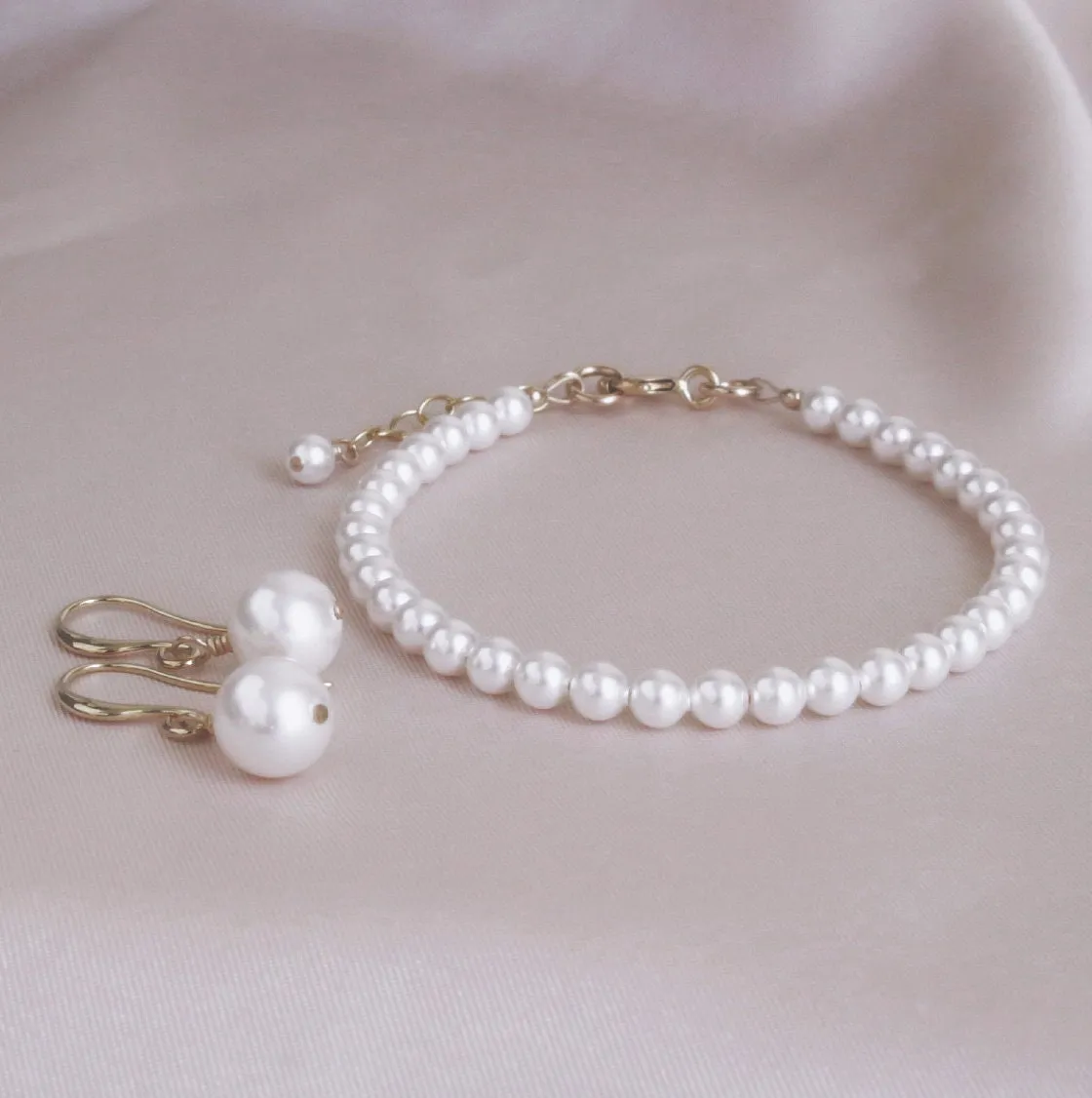 White Pearl Drop Gold Earrings & Bracelet Set