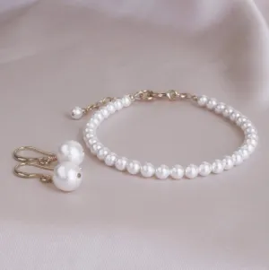 White Pearl Drop Gold Earrings & Bracelet Set