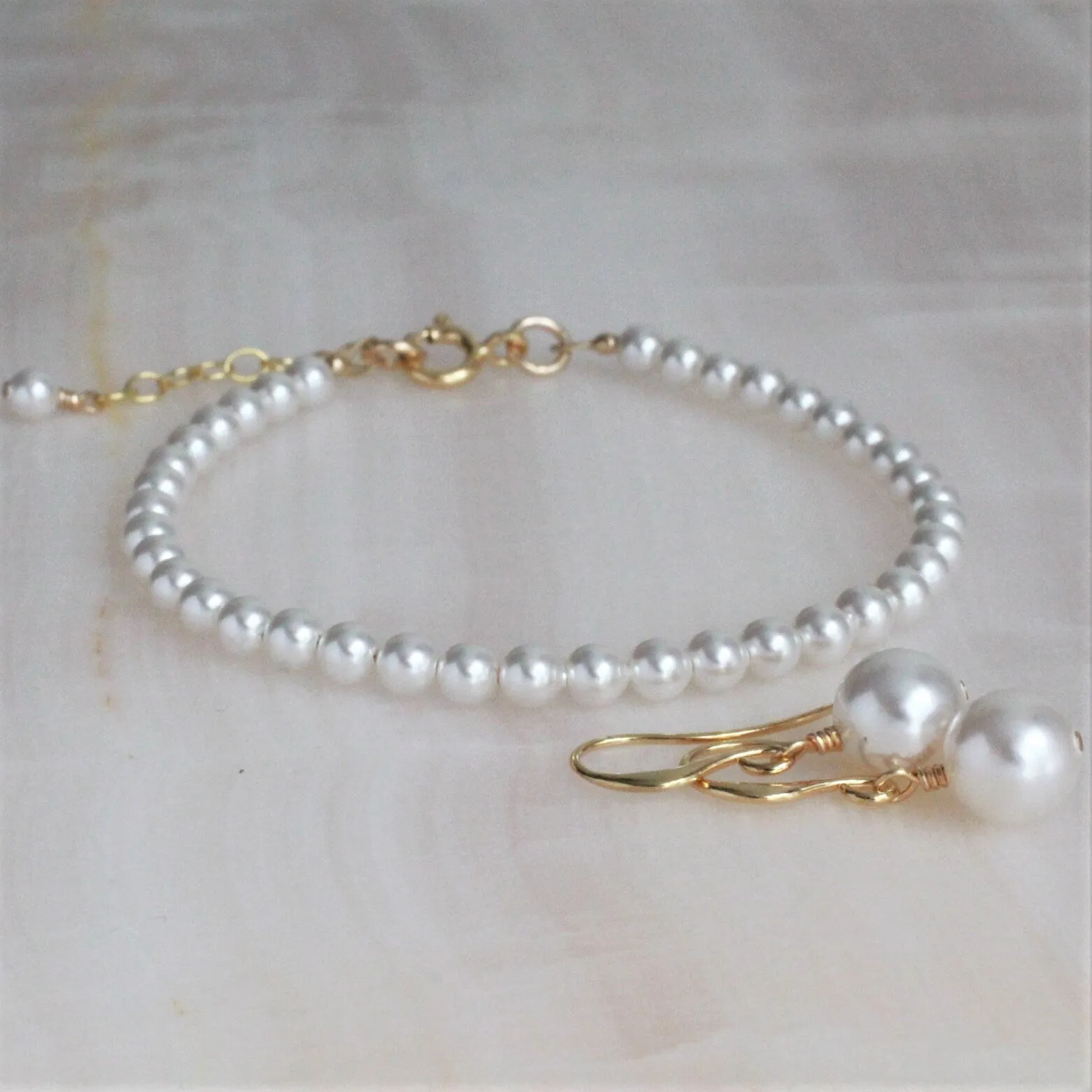 White Pearl Drop Gold Earrings & Bracelet Set