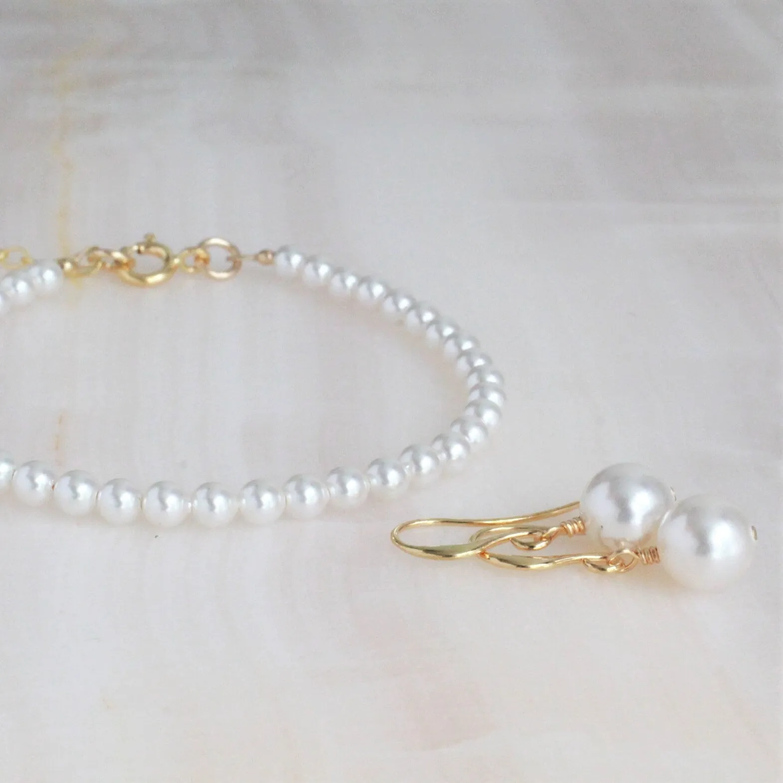 White Pearl Drop Gold Earrings & Bracelet Set