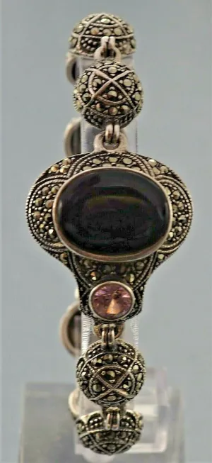 Womens Bracelet Black Onyx Cubic Zirconia & Marcasites Sterling Silver VINTAGE