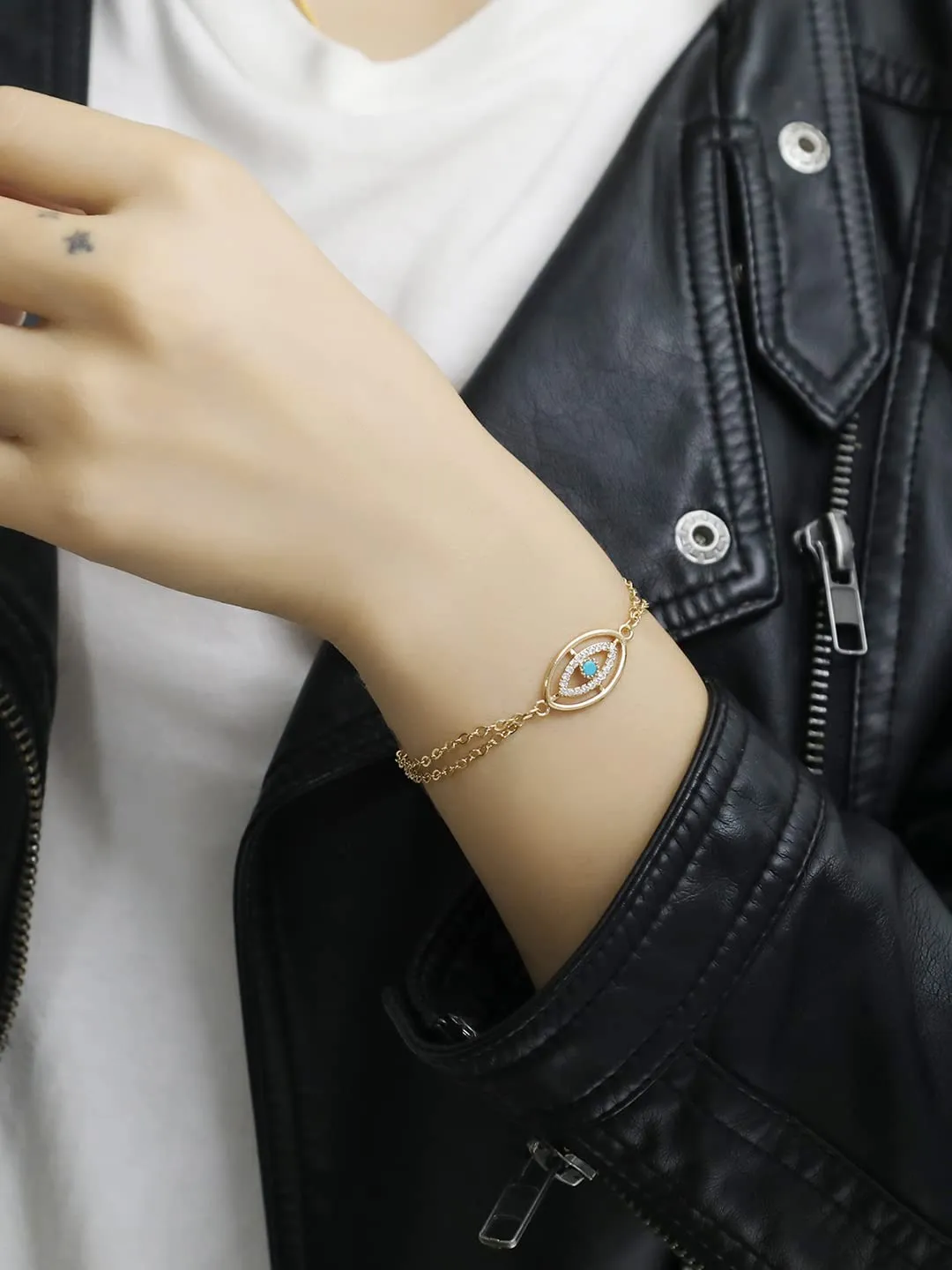 Yellow Chimes Bracelet For Women Multilayered Gold Toned Evil Eye Studded Adjustable Bracelet For Women and Girls